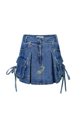 Blue Floral Print Pocket Denim Mini Skirt