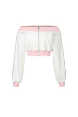 White & Pink Cold Shoulder Zip-Up Top