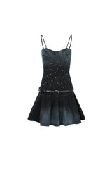 Starry Sky Rhinestone Navy & Blue Denim Skirt