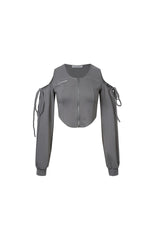 Grey Tie-Detail Cold Shoulder Zip-Up Top