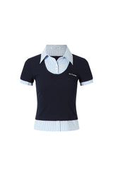 Knit Panel Shirt Collar Short Sleeve Top