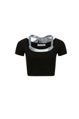 Grey & Pink Satin Tie-Detail Short Sleeve Top