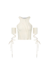 Beige Sleeve Garter Lace-Up Top