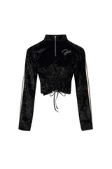 Velvet Half-Zip Rhinestone Logo Tie-Detail Hoodie