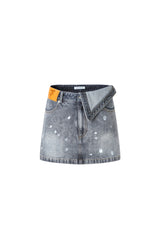 Blue-Grey Washed Fold-Over Waist Denim Mini Skirt
