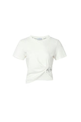 Logo Embroidered Gathered Waist White T-Shirt
