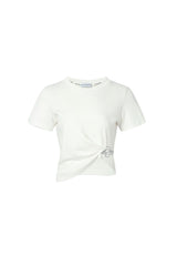 Logo Embroidered Gathered Waist White T-Shirt