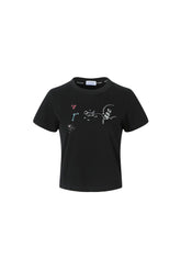 Printed Logo Rhinestone Short-Sleeve Top