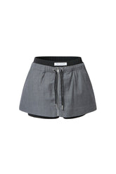 Fake Two-Layer Grey Striped Drawstring Casual Shorts