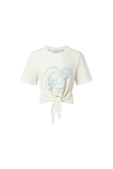 Lace logo patch detail knot-front short-sleeve top