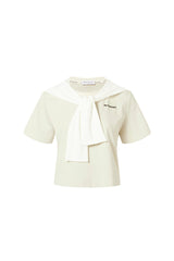 Faux two-layer draped-knot short-sleeve top