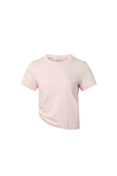Pink Embroidered Logo Tiered Ruched Waist Short-Sleeve Top