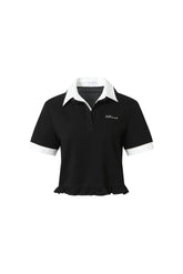 Embroidered Logo Collar Ruffle Hem Short Sleeve Top – Set