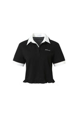 Embroidered Logo Collar Ruffle Hem Short Sleeve Top – Set