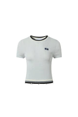 Grey Frayed Hem Logo Patch Round Neck Knit Top