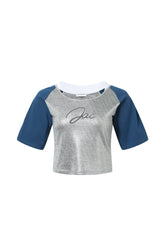 Lace spliced logo 5-point sleeve top