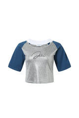 Lace spliced logo 5-point sleeve top