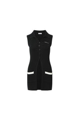 Logo Embroidered Contrast Fold-Over Collar Sleeveless Knit Cardigan