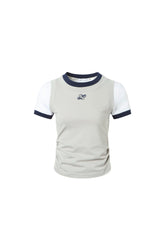 Gray-white faux two-layer logo embroidered short-sleeve top