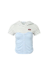 Faux two-layer striped spliced hooded short-sleeve shirt