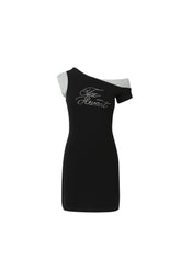 Rhinestone Print Slash-Shoulder Colorblock Knit Dress