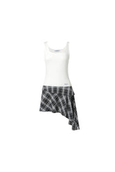 Plaid spliced uneven hem flutter sash dress