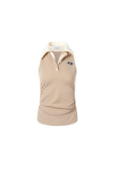 Khaki faux two-layer shirt collar sleeveless top