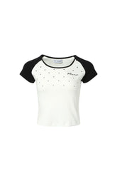 Black-white polka dot colorblock short-sleeve top