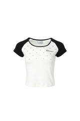 Black-white polka dot colorblock short-sleeve top