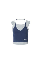 Blue-gray faux two-layer halter neck top