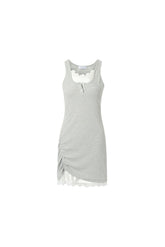 Lace Panel Grey Two-Layer Backless Ruched Dress