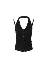 Black faux two-layer button-front halter neck cami top