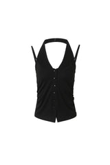Black faux two-layer button-front halter neck cami top