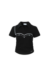 Lace Strap Color-Block Embroidered Pleated Polo Top