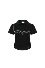 Lace Strap Color-Block Embroidered Pleated Polo Top
