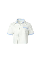 Knit spliced striped asymmetric placket shirt