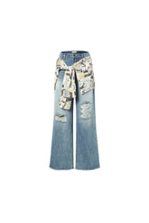 Newspaper graffiti logo print tie-detail blue ripped jeans