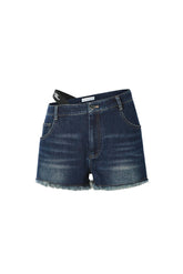 Embroidered Logo Elastic Waist Denim Shorts in Blue