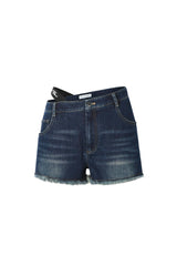 Embroidered Logo Elastic Waist Denim Shorts in Blue