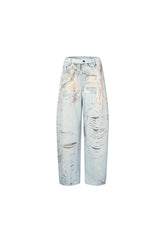 3D graffiti print curved-blade jeans