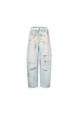 3D graffiti print curved-blade jeans