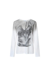White Distressed Print Loose Round Neck Long Sleeve