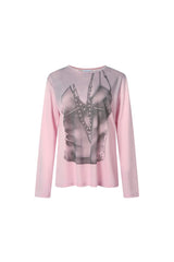 White Distressed Print Loose Round Neck Long Sleeve