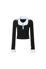 Black Knit Shirt with Patchwork Square Collar Top