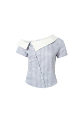 Asymmetric spliced striped off-shoulder short-sleeve top
