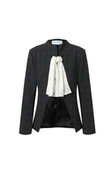 Plaid stand-collar lace twisted blazer