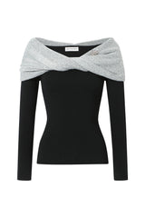 One-shoulder silver-thread spliced black knit top