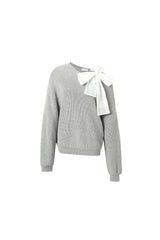 Lace bow grey off-shoulder relaxed knit sweater