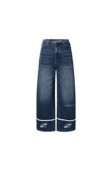 Rolled-hem embroidered logo rhinestone non-waistband jeans