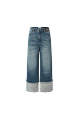 Rhinestone-letter rolled-hem jeans